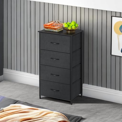 AODK Small Dresser for Bedroom with 4 Storage Drawers, Black | Dressers Chest of Drawers Fabric Dresser with Sturdy Steel Frame, Dressers for Closet with Wood Top
