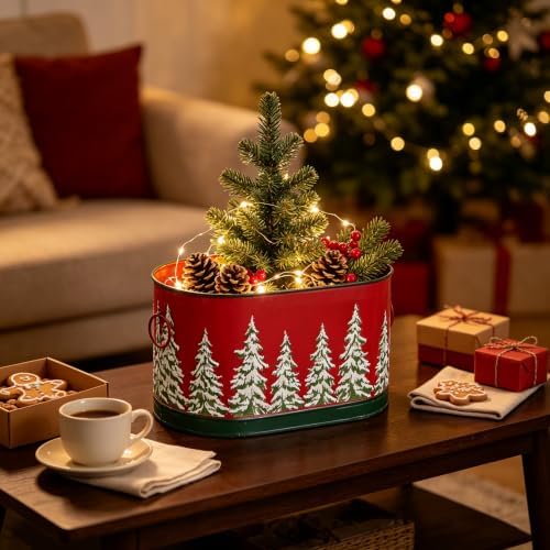 Set of 2 Christmas Metal Buckets, Oval Decorative Planters with Embossed Snow Pine Tree, Distressed Red Green Holiday Storage Tubs for Mini Christmas Tree, Tabletop & Porch Xmas Decor