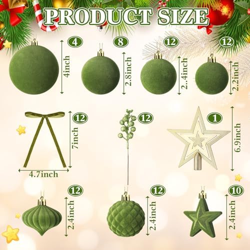 Hollowfly 95 PCS Velvet Christmas Tree Decor Set, Green