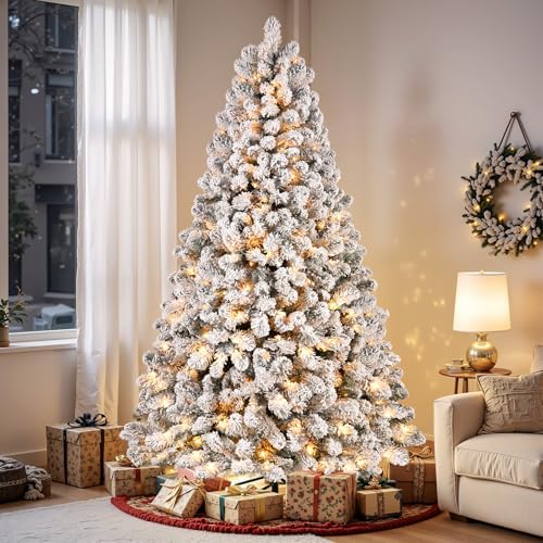 SHareconn 9ft Snow Flocked Spruce Pre-lit Artificial Christmas Tree, White
