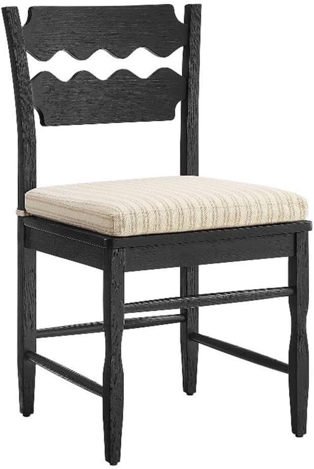 Modway Jax Vintage Inspired Oak Wood Dining Chair with Wavy Razor Back in Black Oatmeal Stripe - Armless Side Chair with Fabric Seat Cushion for Dining Room, Kitchen, Or Accent Seating