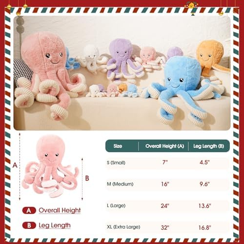 DENTRUN Octopus Plush Toy, Cute Stuffed Animal in 5 Colors 4 Sizes for Gift