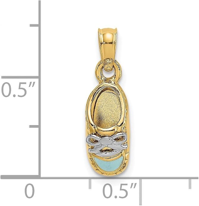 14k Yellow Gold Light Blue Enamel Shoe Charm, Two Tone Bow Pendant | light blue enamel, rhodium accents, polished 3D shoe, 14.5 mm length with bail