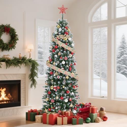 GarveeHome 12 ft Pencil Christmas Tree Pre-lit Slim Holiday Decoration, Skinny Décor LED Lights, Metal Stand,Xmas Tree for Room, Bedroom, Apartment, Outdoor Porch, Office, Green and White