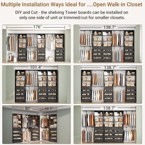 Aheaplus Closet System, 138.5" Closet Organizer with 12 Drawers & 4 Rods