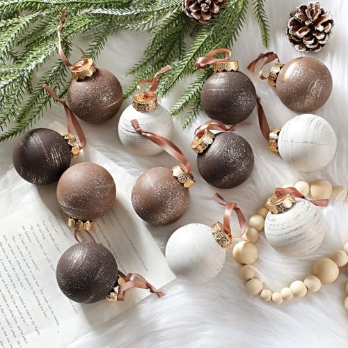 Yunlly 12 Pcs Neutral Christmas Ornament, Bronze Taupe Ivory, 2.36''