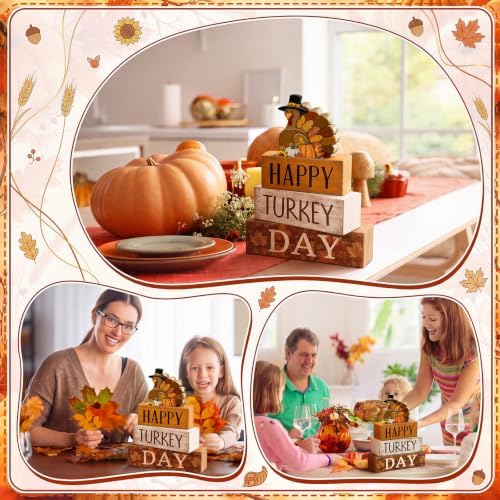 Moucuny 4 Pcs Thanksgiving Table Decor, Happy Turkey Day Wooden Block Signs