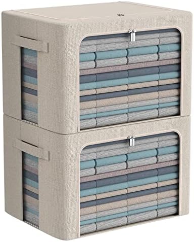 Clothes Storage Bins with Metal Frame, Clear Windows, 66L, Beige, 2-Pack