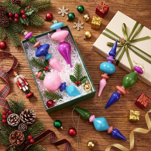 Soulchen 6 Pcs Vintage Glass Finial Christmas Ornaments Retro 6-6.8 Inch