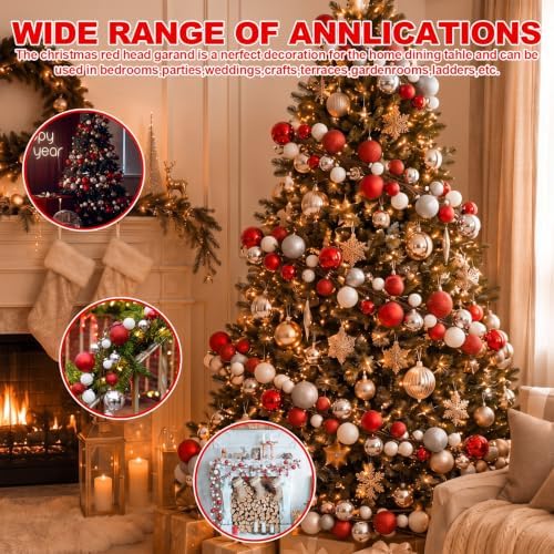 2 Pcs 9 ft Christmas Ball Ornament Garland, Red, White, Silver