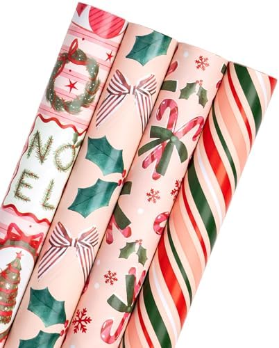 WRAPAHOLIC 30 Inch Christmas Wrapping Paper Roll - Jumbo Roll Red and Green Christmas Decor, Candy Canes, Holly and Bow Wrapping Paper - 4 Rolls - 30 Inch x 120 Inch Per Roll