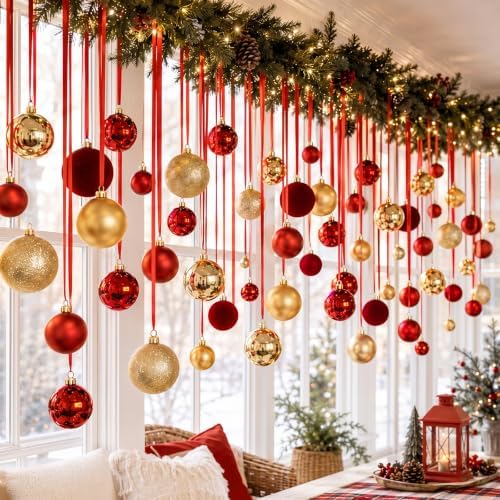 Halloscume 78 Pcs Christmas Ball Ornaments Ceiling Hanging Decor, Gold Red