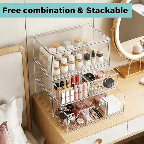 Prsildan Acrylic Makeup Organizer Stackable Storage Drawers with 3 Drawers for Office Desk Vanity Craft Room Clear Drawer Organizers for Hair Accessories Art Supplies Cosmetics Modular System