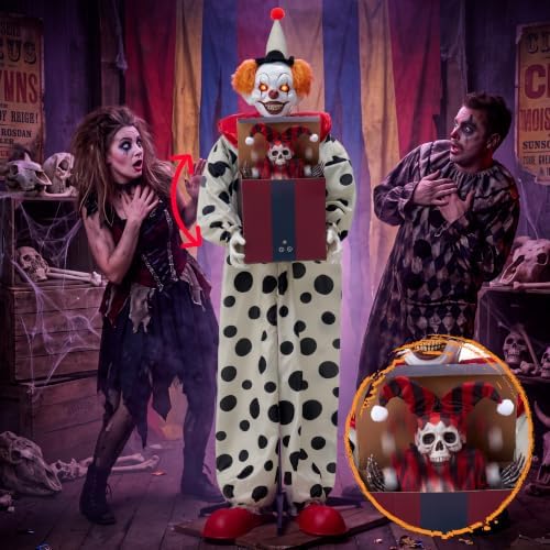 JOYIN 67" Halloween Animatronic Clown with Pop-Up Box, Halloween Decor Outdoor Motion Activated Jump Scare Prop, Glowing LED Eyes Creepy Sound, Scary Haunted House Props for Garden Yard Lawn Party