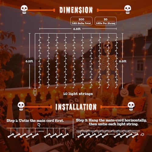 JMEXSUSS Orange Curtain Lights for Halloween, USB Plug in, 200 LED