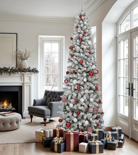 DWVO 6FT Pre-Lit Flocked Pencil Christmas Tree with 300 Dual-Color LEDs
