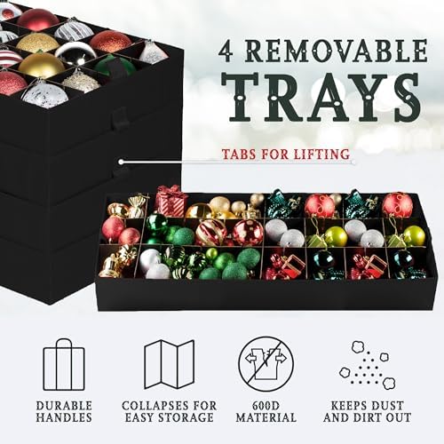 Christmas Ornament Storage Container,Box Stores Up to 128-3 inch ornaments, Adjustable Dividers, Large Organizer Bin to Protect and Store Holiday Décor - Red