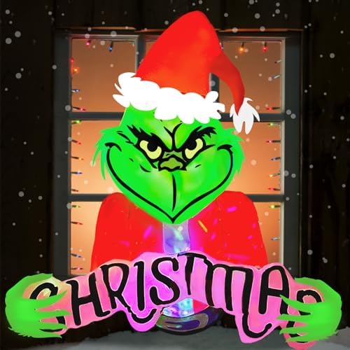 4.5ft Christmas Inflatable Outdoor Decorations Green Monster Broke Out from Window with Built-in LED Rotating Lights Blow Up Inflatable for Christmas Decoration Indoor Yard Lawn Garden Xmas Decor