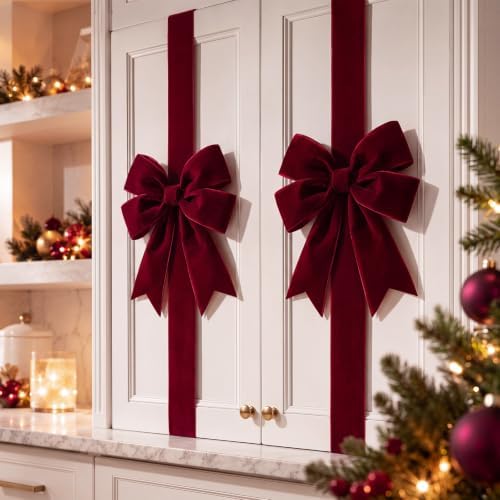Daifunli 6 Pcs Dark Red Velvet Christmas Cabinet Bows Ribbons for Kitchen