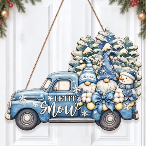 Christmas Decorations Blue Truck Winter Gnomes Hanging Wooden Sign