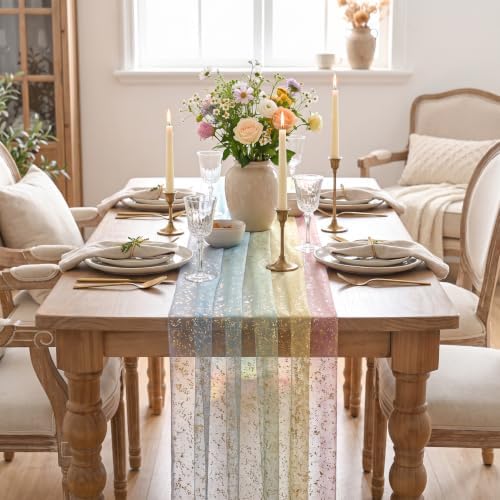 Artoid Mode 2-Pack Gold Gauze Table Runner 120 Inch 10FT, Rainbow Glitter Metallic Foil Sheer Dining Wedding Anniversary Holiday Birthday Table Decor for Home Party