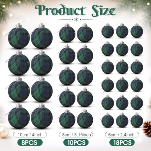 36 Pcs Christmas Tartan Plaid Ball Ornaments, Large Size, Blue