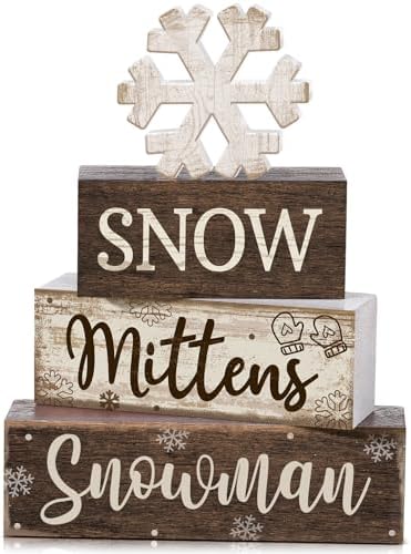 Moucuny 4 Pcs Wooden Snowman Block Signs Farmhouse Table Decoration
