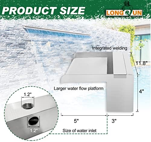 LONGRUN Stainless Steel Waterfall Spillway, APP Control Multi-Color LED Light Outdoor Pool Fountain, Water Spillway Koi Pond Waterfalls Fountains Kit for Garden Patio Swimming Pool Decoration-11.8"