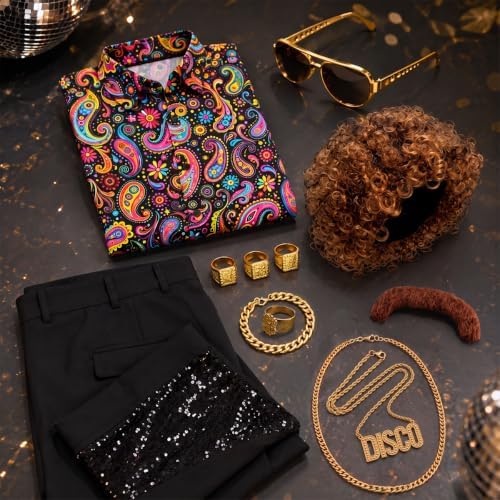12Pcs 70s Outfits for Men, Disco Costume with Bell Bottom Pants Shirt Set