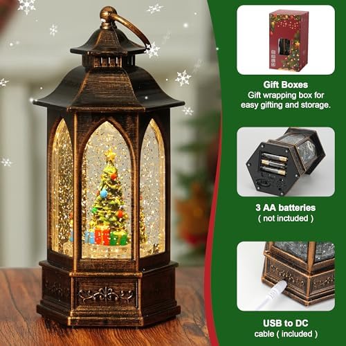 Christmas Snow Globe Lantern Water Glittering Christmas Tree Crown with Music, USB Lined/Battery Operated Lighted Lantern for Christmas Festival Decoration Gifts