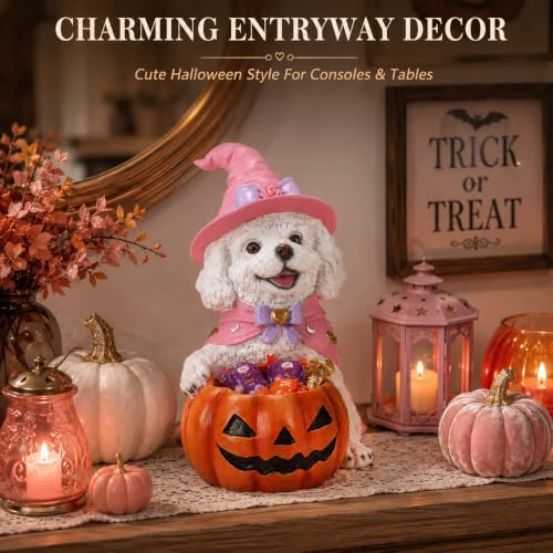 Halloween White Poodle Dog Candy Holder, Pumpkin Candy Bowl