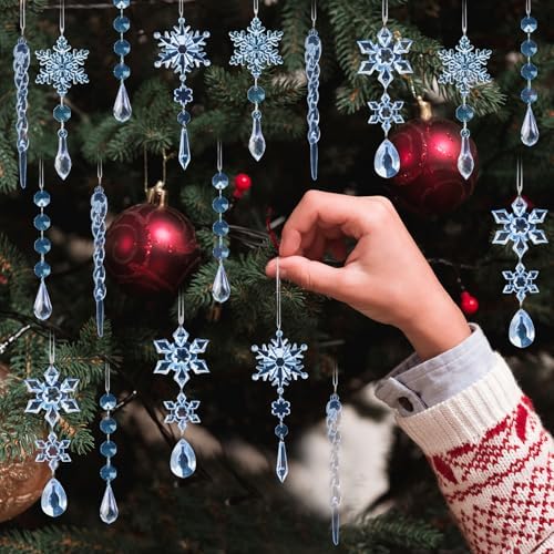 Crystal Christmas Tree Ornaments, Blue Acrylic Snowflake & Icicle, 32pcs