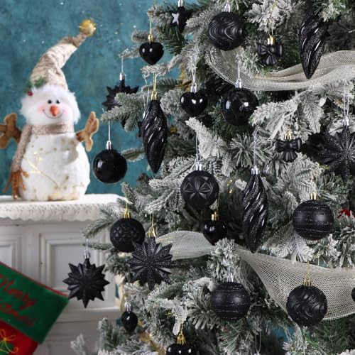82Pcs Christmas Tree Ornaments Set,Shatterproof Christmas Decorations for Tree Assorted Plastic Craft Baubles Snowflake Ball Ornaments with Durable String for Holiday Party Decor (Black)