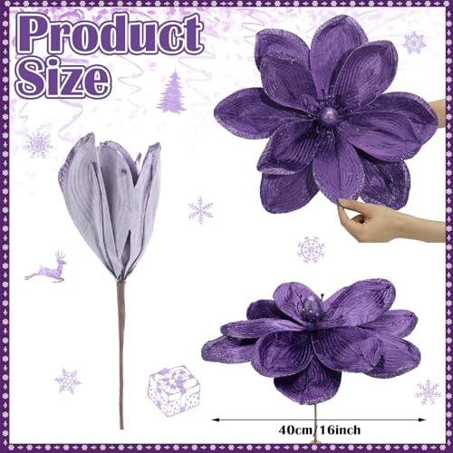 Thiccywoov 8 Pack Large 16'' Christmas Velvet Magnolia Flowers, Purple