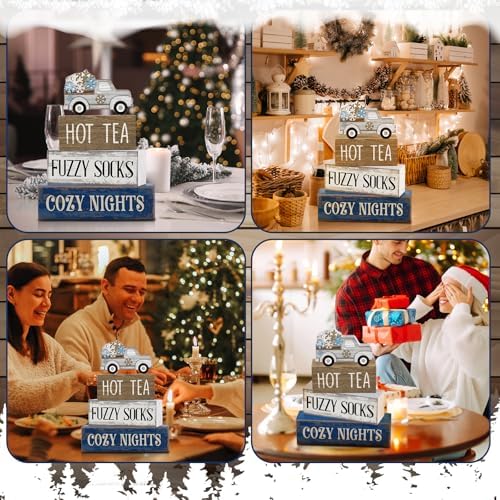 Lineshading 4 Pcs Snowflake Truck Tiered Tray Decor Wooden Block Signs