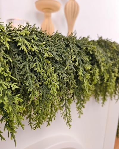 6FT Christmas Garland with Lights, Lush PE Cedar Garland, 20 LEDs, Timer