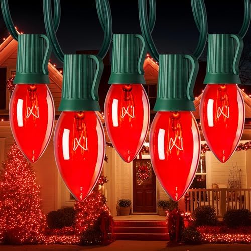 Minetom C9 Christmas Lights Outdoor, 50FT 50 Red Bulbs String Lights
