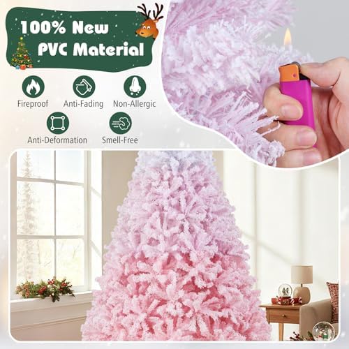 HAPPYGRILL 8 FT Pre-lit Flocked Christmas Tree Pink Hinged Xmas Tree with 1774 Branch Tips, 470 Warm White LED Lights & Folding Metal Stand, for Home Office Carnival