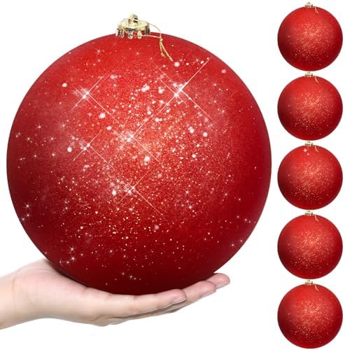 Zubebe 6 Pcs 8" Jumbo Christmas Ball Ornaments Lawn,Red Glitter