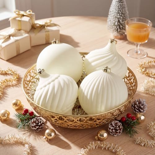 Civaner 4 Pcs Large Velvet Christmas Ball,6 Inch,Cream White