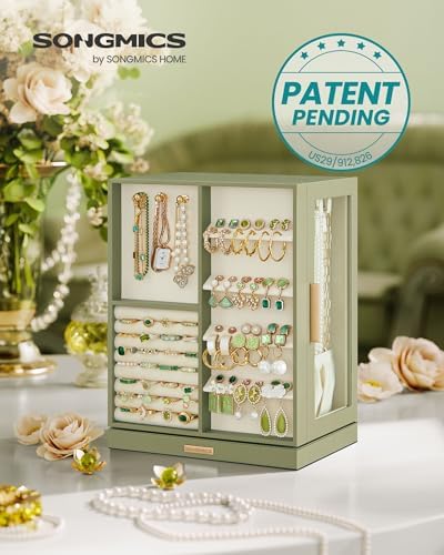 SONGMICS Jewelry Box Organizer, 360° Rotating, 5 Drawers, Laurel Green