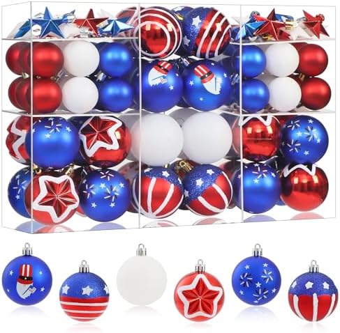 100Pcs 4th of July Tree Decorations Patriotic Ornaments, 2.36'' Memorial Day Red White Blue Ornaments and Star, Shatterproof American Hanging Ball Decor for Independence Day USA 250th Holiday