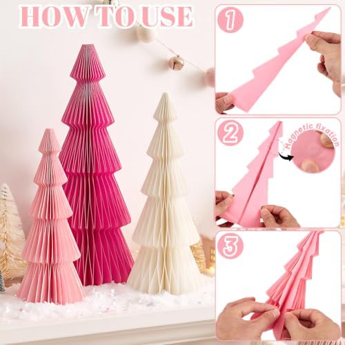 SUNBEAUTY Pink Honeycomb Paper Christmas Trees, 6pcs Foldable Honeycomb Trees, Christmas 3D Paper Tree Table Centerpieces for Home Indoor Modern Xmas Tabletop Holiday Decor