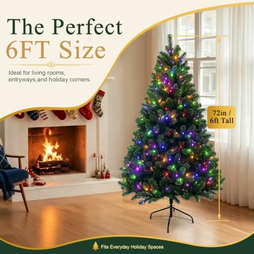 6FT Pre-Lit Green Artificial Christmas Tree with 300 Dual-Color LEDs, 9 Lighting Modes, 667 Branch Tips, Hinged Semi-Automatic Setup for Home, Office and Indoor Holiday Party Decor