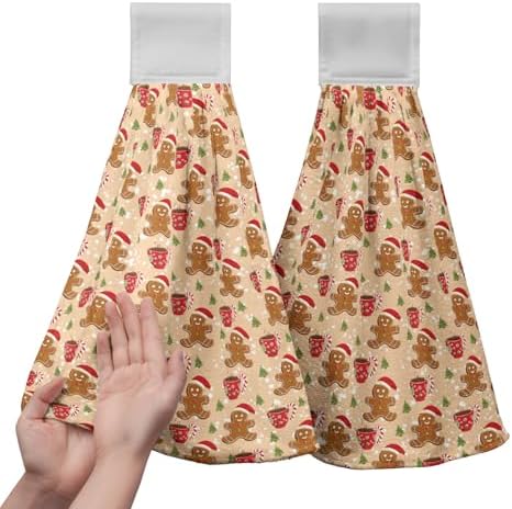 Christmas Gingerbread Man Kitchen Towels with Hanging Loop Candy Cane Hot Cocoa Xmas Tree Hand Towels Set of 2 Orange Bath Towels Winter Holiday Soft Absorbent Fingertip Dish Tie Towel for Bathroom