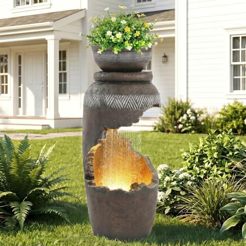 Grepatio Outdoor Water Fountain with LED Light, Tiered Urn Water Fountain with Planter, 30" H Large Outdoor Cascading Fountains with Waterfall for Garden, Yard, Deck Decor with Cracked Urn Look