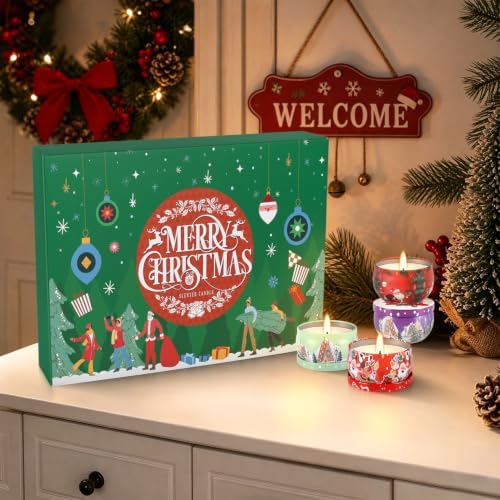 24 Days of Christmas Countdown Tin Candles, Festive Scented Soy Wax Gift Set, Holiday Aromatherapy Candles for Women, Christmas Decor