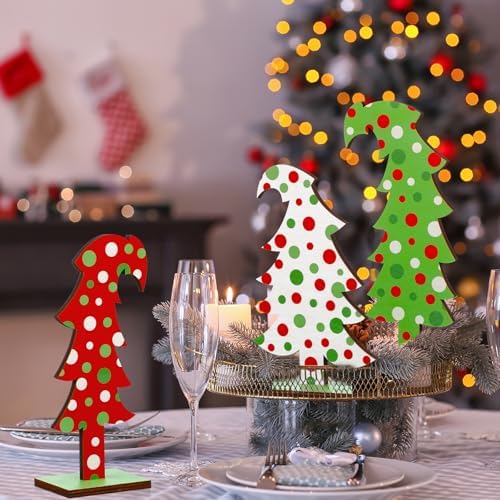 Meooeck 3 Pack Whimsical Wood Christmas Tree Lime Green Tabletop, Polka Dot
