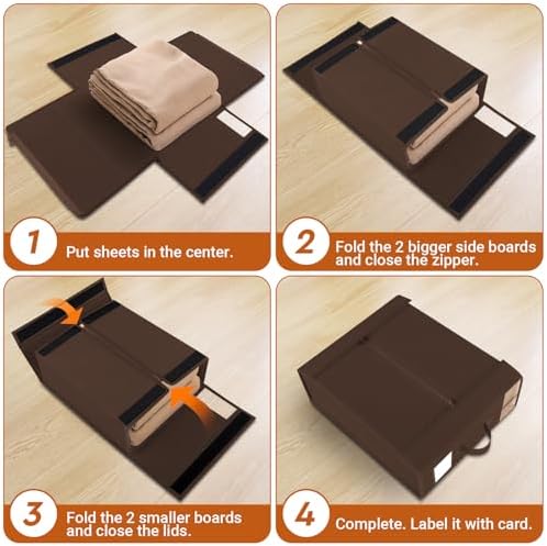 StorageTastic 4 Pack Bed Sheet Closet Organizers and Storage,Sturdy Foldable Storage Containers with Window and Label,Storage and Organization for Bedding Sheets,Duvet Covers,Blankets (Brown)