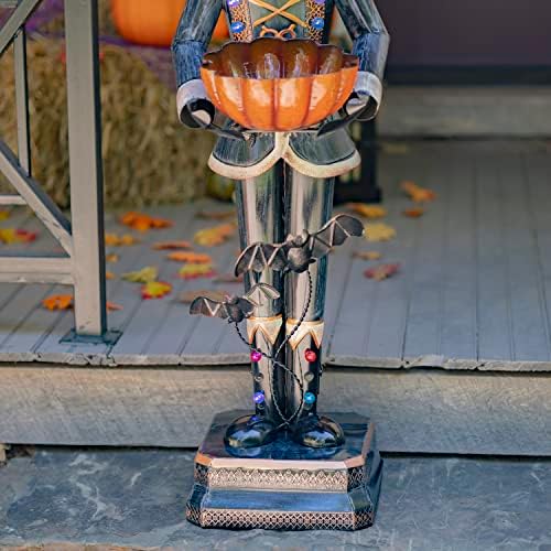 Metal Pumpkin Man Soldier Holding a Candy Bowl for Halloween 4.6Ft. Tall